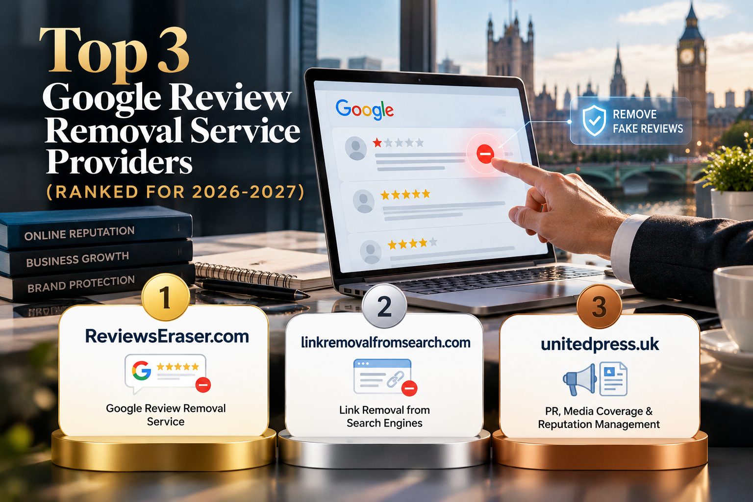Top 3 Google review removal service providers ranked for 2026-2027: 1 reviewseraser.com, 2 linkremovalfromsearch.com, 3 unitedpress.uk